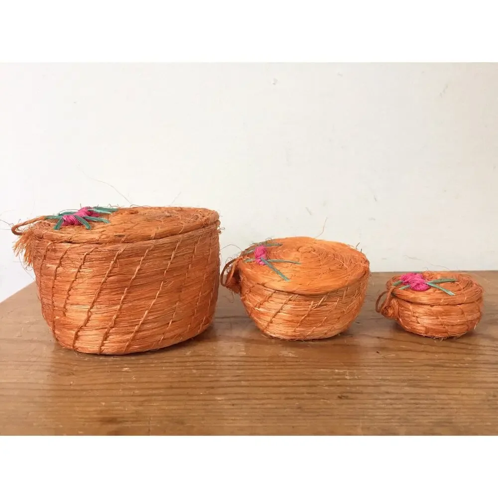 Set 3 Vintage Asian Handmade Woven Orange Straw Nesting Decorative Baskets 3.5